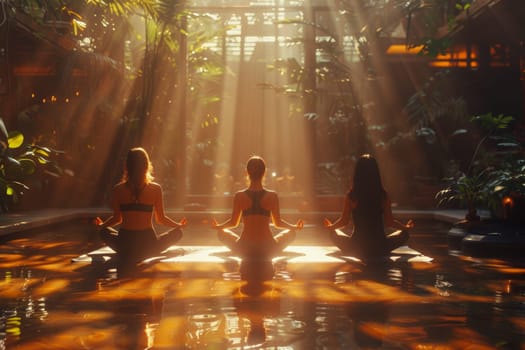 A group of young girls practicing yoga in the sunlight perform Padmasana exercises, lotus position.