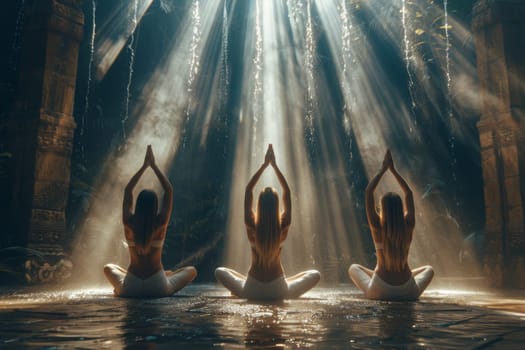 A group of young girls practicing yoga in the sunlight perform Padmasana exercises, lotus position.