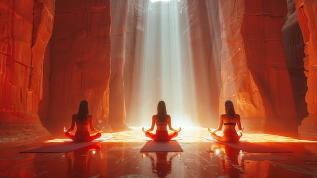 A group of young girls practicing yoga in the sunlight perform Padmasana exercises, lotus position.