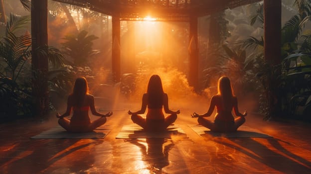 A group of young girls practicing yoga in the sunlight perform Padmasana exercises, lotus position.