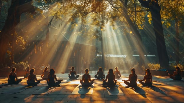 A group of young girls practicing yoga in the sunlight perform Padmasana exercises, lotus position.