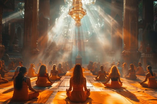 A group of young girls practicing yoga in the sunlight perform Padmasana exercises, lotus position.