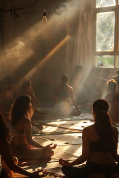 A group of young girls practicing yoga in the sunlight perform Padmasana exercises, lotus position.