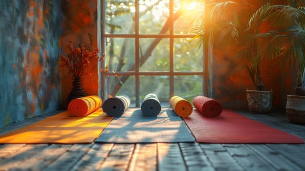 Yoga mats are spread out on the wooden floor in the room. International Yoga Day.