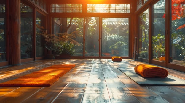 Yoga mats are spread out on the wooden floor in the room. International Yoga Day.