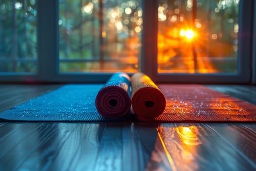 There is a set of yoga mats on the wooden floor in the room. International Yoga Day.