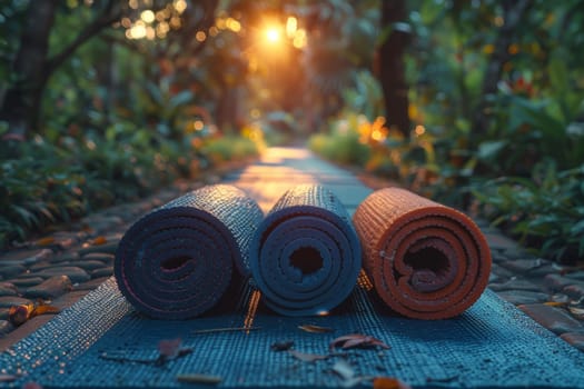 There is a set of yoga mats on the wooden floor in the room. International Yoga Day.