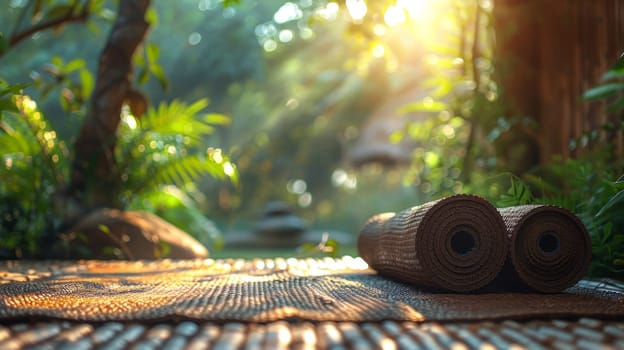 There is a set of yoga mats on the wooden floor in the room. International Yoga Day.