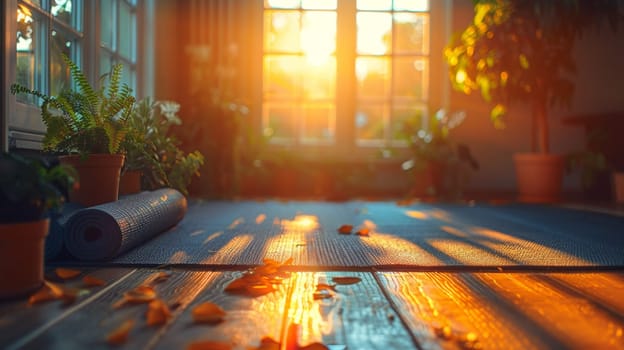 Yoga mats are spread out on the wooden floor in the room. International Yoga Day.