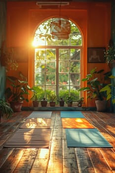 Yoga mats are spread out on the wooden floor in the room. International Yoga Day.