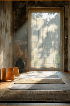 Yoga mats are spread out on the wooden floor in the room. International Yoga Day.