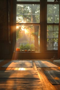 Yoga mats are spread out on the wooden floor in the room. International Yoga Day.