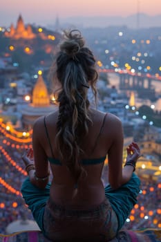 A girl practicing yoga performs Padmasana exercises, lotus position.