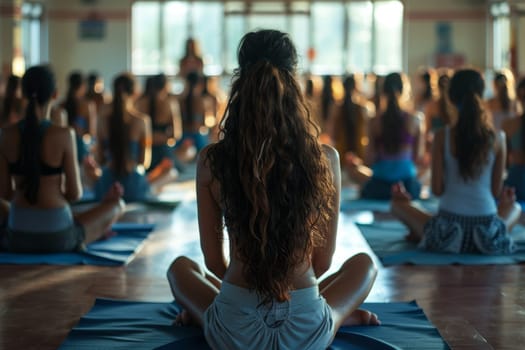 A group of young girls practicing yoga perform Padmasana exercises, lotus position,