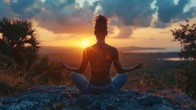 One girl practicing yoga at sunset performs Padmasana exercises, lotus poses.