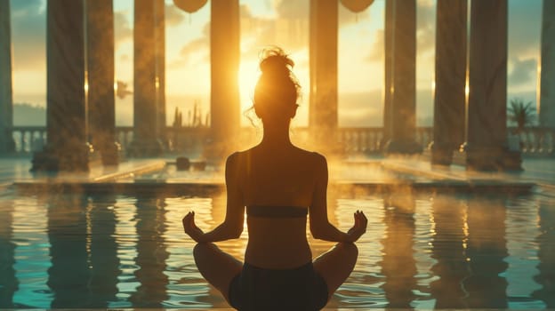 One girl practicing yoga at sunset performs Padmasana exercises, lotus poses.