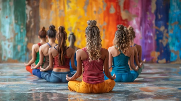 A group of young girls practicing yoga perform Padmasana exercises, lotus position,