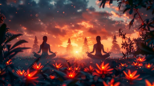 A group of young girls practicing yoga at sunset perform Padmasana exercises, lotus position.