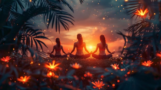 A group of young girls practicing yoga at sunset perform Padmasana exercises, lotus position.