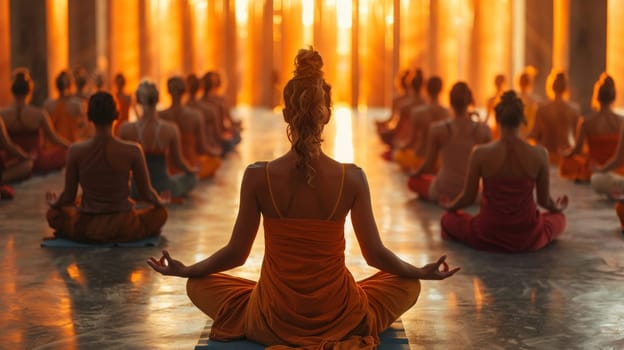 A group of young girls practicing yoga perform Padmasana exercises, lotus position,