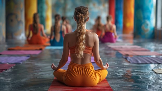 A group of young girls practicing yoga perform Padmasana exercises, lotus position,