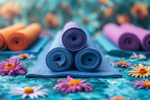 There is a set of yoga mats on the wooden floor in the room. International Yoga Day.