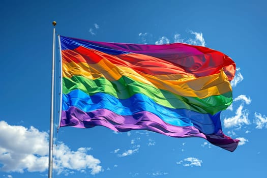 A rainbow LGBT flag flies against a blue sky.