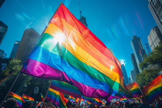 A rainbow LGBT flag flies against a blue sky.