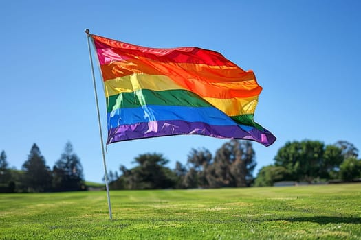 A rainbow LGBT flag flies against a blue sky.