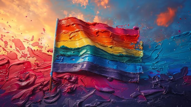 A rainbow LGBT flag on a colorful multicolored background.