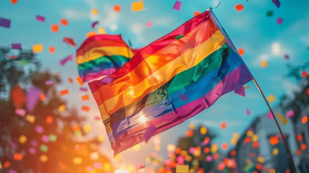 LGBT rainbow flag at the festival against blue skies .