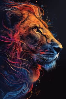 portrait of a lion's head on a black background. The illustration.