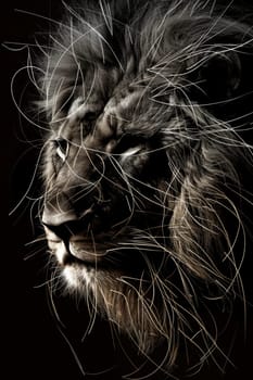 portrait of a lion's head on a black background. The illustration.