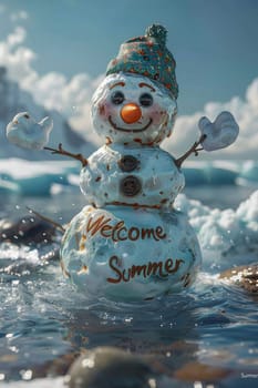 Funny little snowman in nature with the inscription Welcome summer on it.