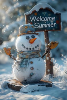 Funny little snowman in nature with the inscription Welcome summer on it.