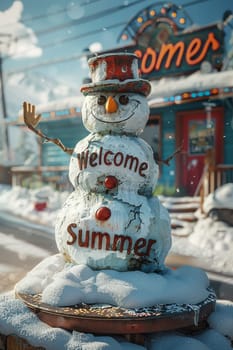 Funny little snowman in nature with the inscription Welcome summer on it.