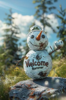 Funny little snowman in nature with the inscription Welcome summer on it.