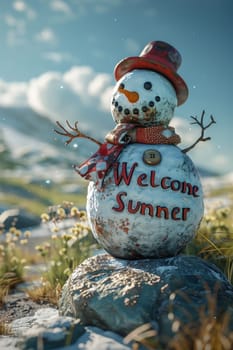 Funny little snowman in nature with the inscription Welcome summer on it.