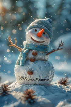 Funny little snowman in nature with the inscription Welcome summer on it.