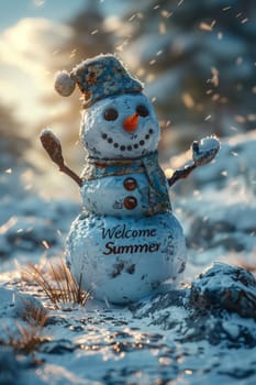 Funny little snowman in nature with the inscription Welcome summer on it.