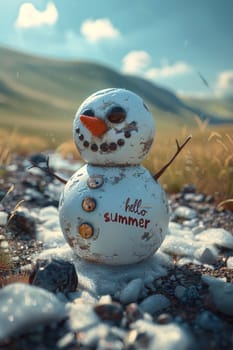A funny little snowman in nature with the inscription hello summer on it.