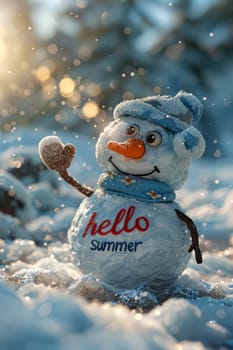 A funny little snowman in nature with the inscription hello summer on it.