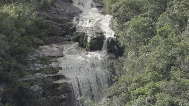 River flows over rocks forming waterfalls in a dense rainforest, captured in slow-motion.