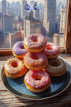 A set of doughnuts on a table near a window with the city in the background . National Doughnut Day.