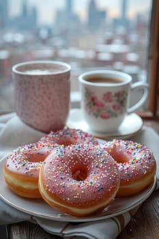 A set of doughnuts on a table near a window with the city in the background . National Doughnut Day.