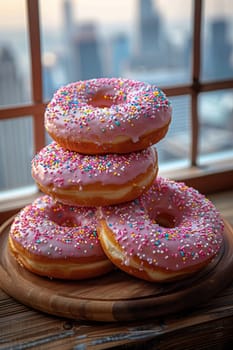 A set of doughnuts on a table near a window with the city in the background . National Doughnut Day.