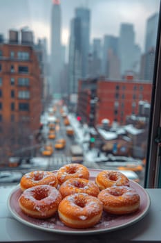 A set of doughnuts on a table near a window with the city in the background . National Doughnut Day.