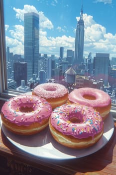 A set of doughnuts on a table near a window with the city in the background . National Doughnut Day.