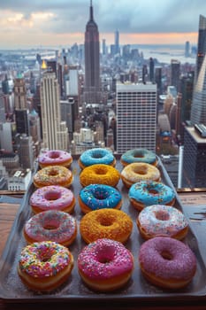 A set of doughnuts on a table near a window with the city in the background . National Doughnut Day.