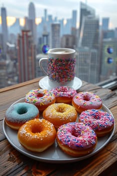 A set of doughnuts on a table near a window with the city in the background . National Doughnut Day.